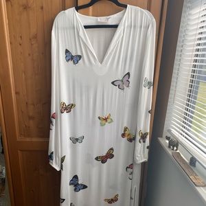 White Mariposa Butterfly Caftan Cover Up Casual Maxi Dress with pockets